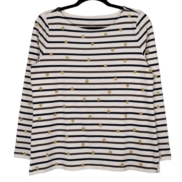 Talbots Petite Summer Striped Gold Glitter Polka Dot Pullover Long Sleeve Top - Picture 1 of 14